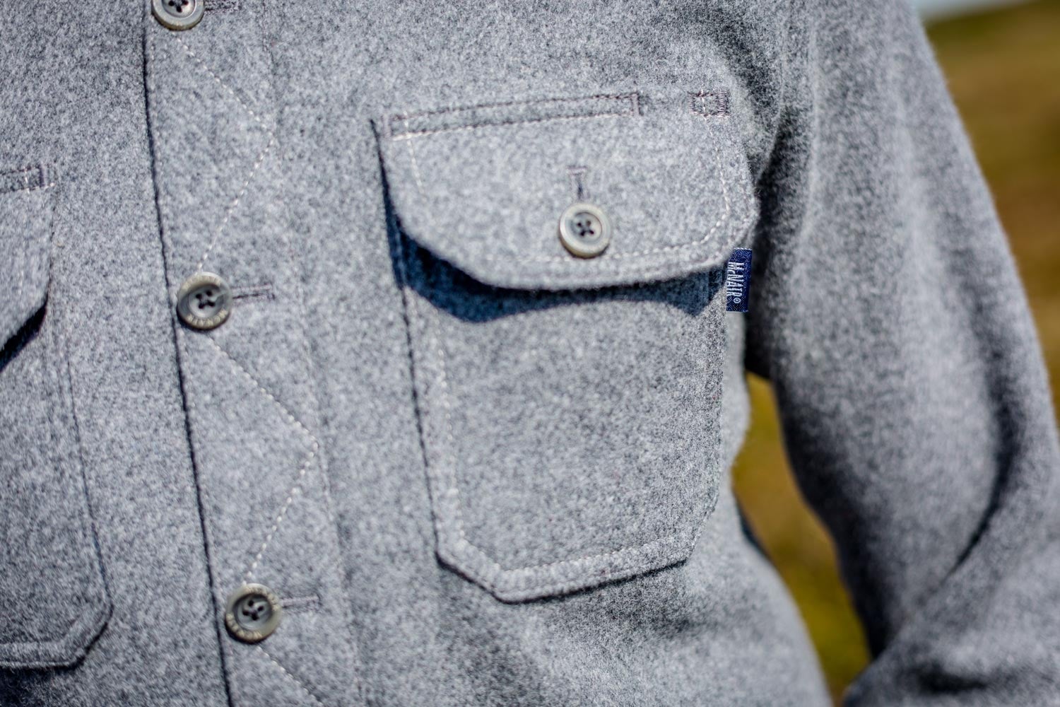 McNair men's midweight merino Mountain Shirt in Ash Melange - pocket detail