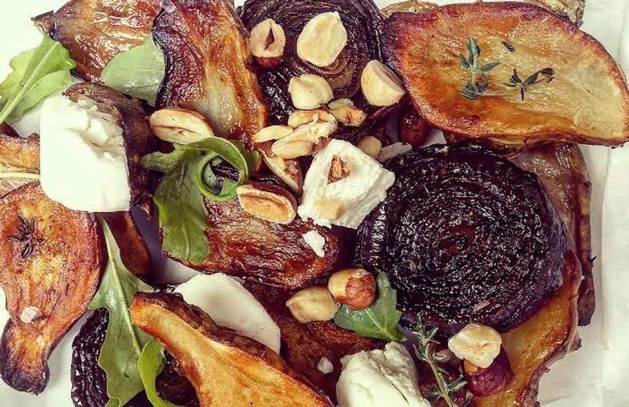 Healthy lunchbox - jerusalem artichokes, red onion, goat’s cheese and hazelnuts