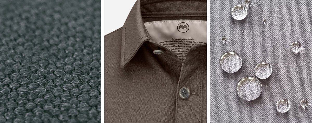 McNair half panama fabric details (showing weave, shirt detail, and water repellency)